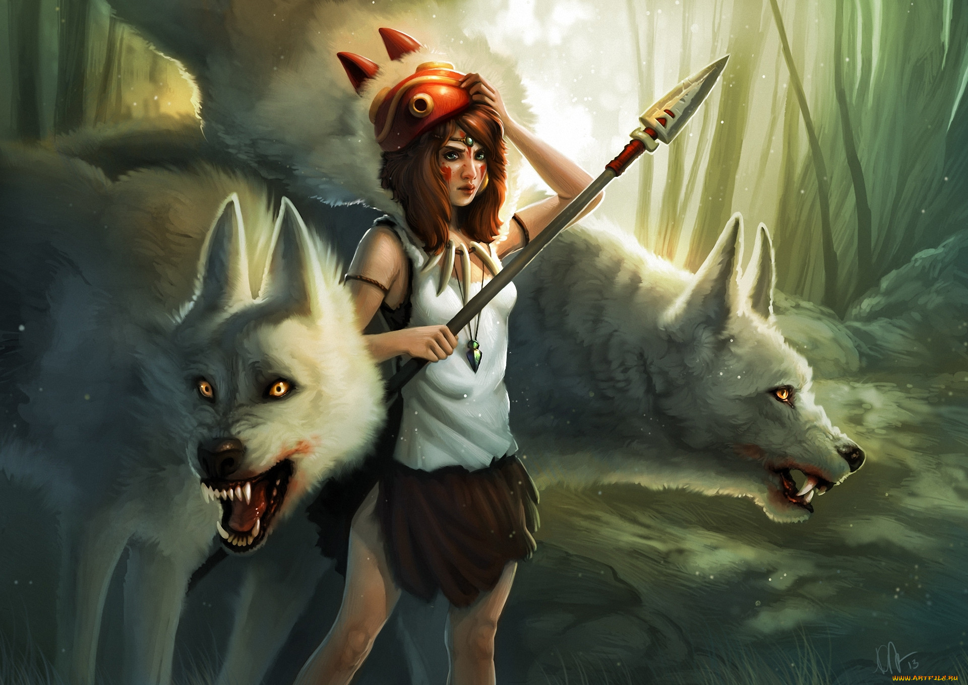 Обои Аниме Mononoke Hime, обои для рабочего стола, фотографии аниме,  mononoke hime, девушка, лес, арт, копье, маска, волки, кулон, принцесса,  мононоке Обои для рабочего стола, скачать обои картинки заставки на рабочий  стол.